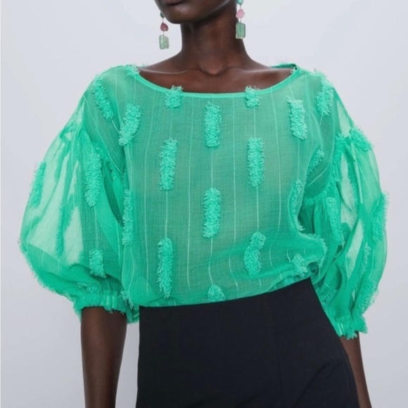 Zara Women’s Sea Foam Green Sheer Blouse / Top, Bishop Sleeves, XS - Picture 3 of 14